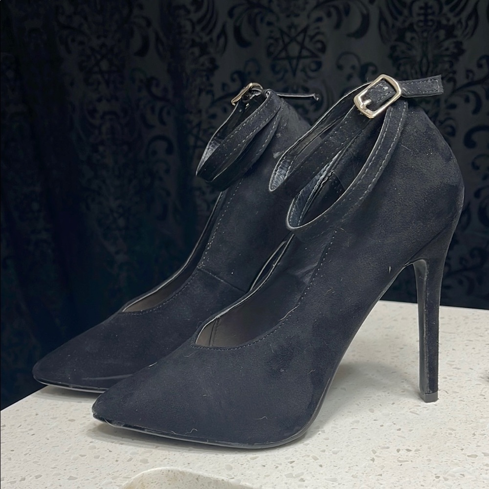 Black Suede High Heels with Ankle Strap